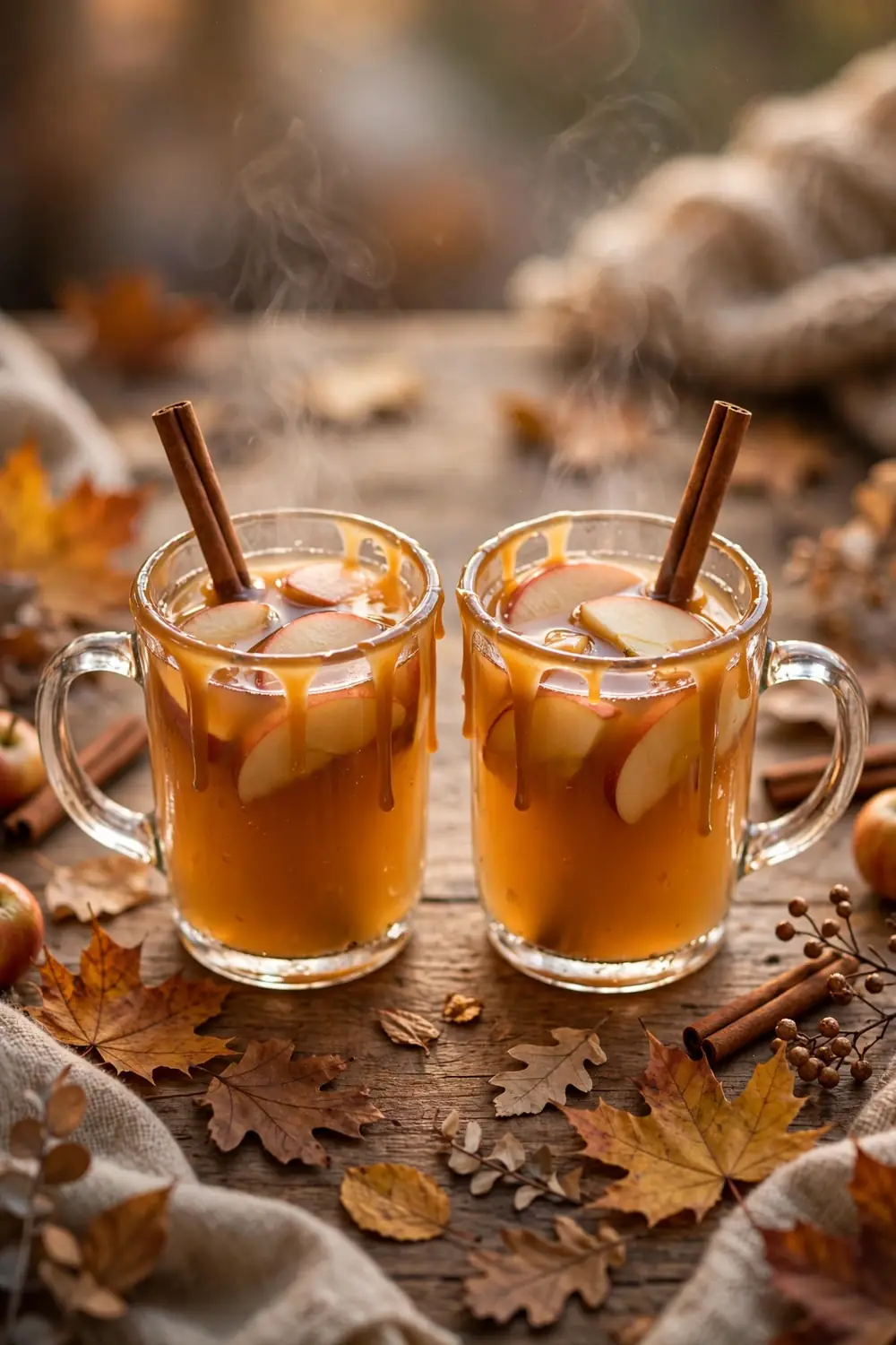 Caramel apple cider sips in glass mugs with cinnamon sticks