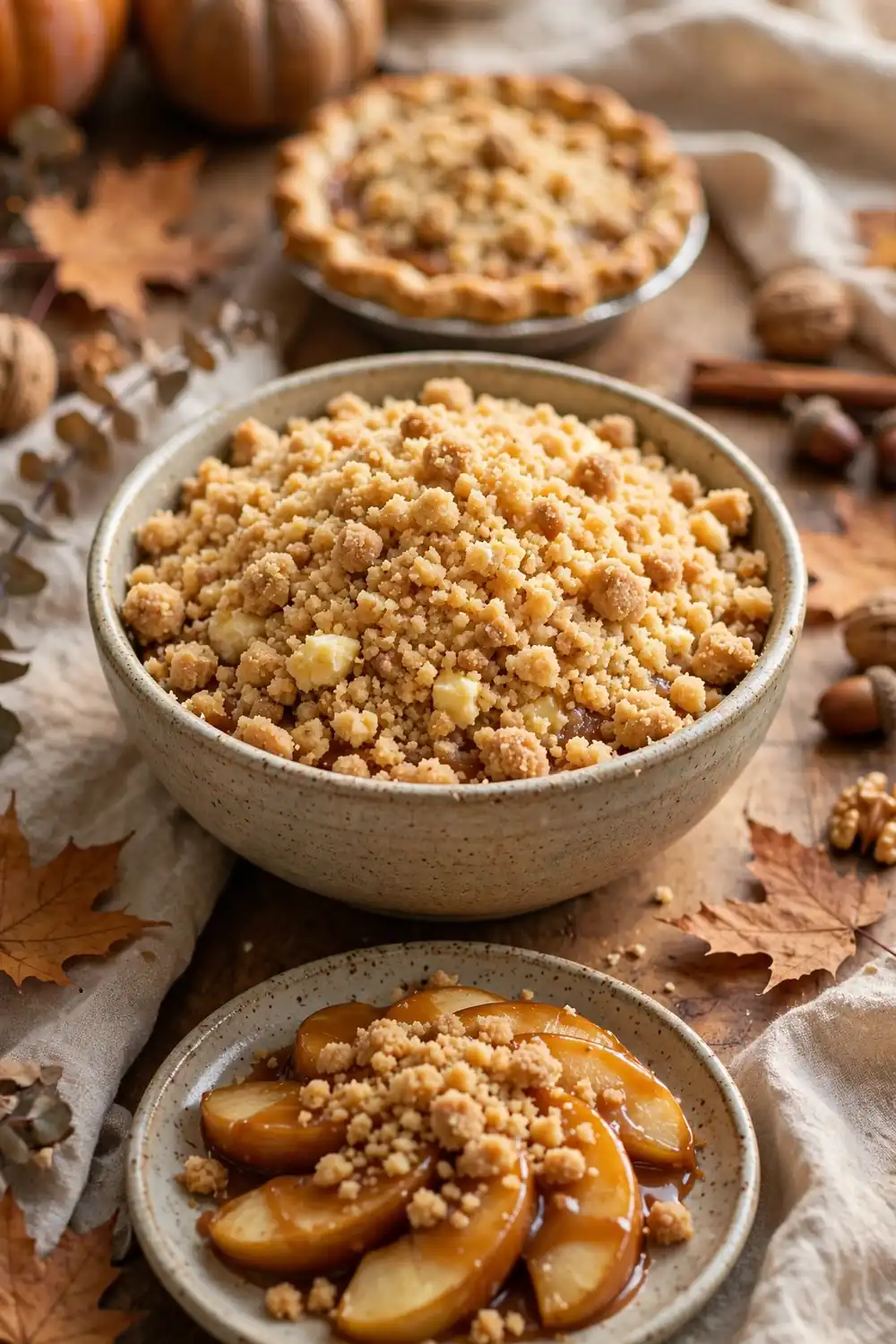Mini pie crumb station with caramel apple slices and streusel