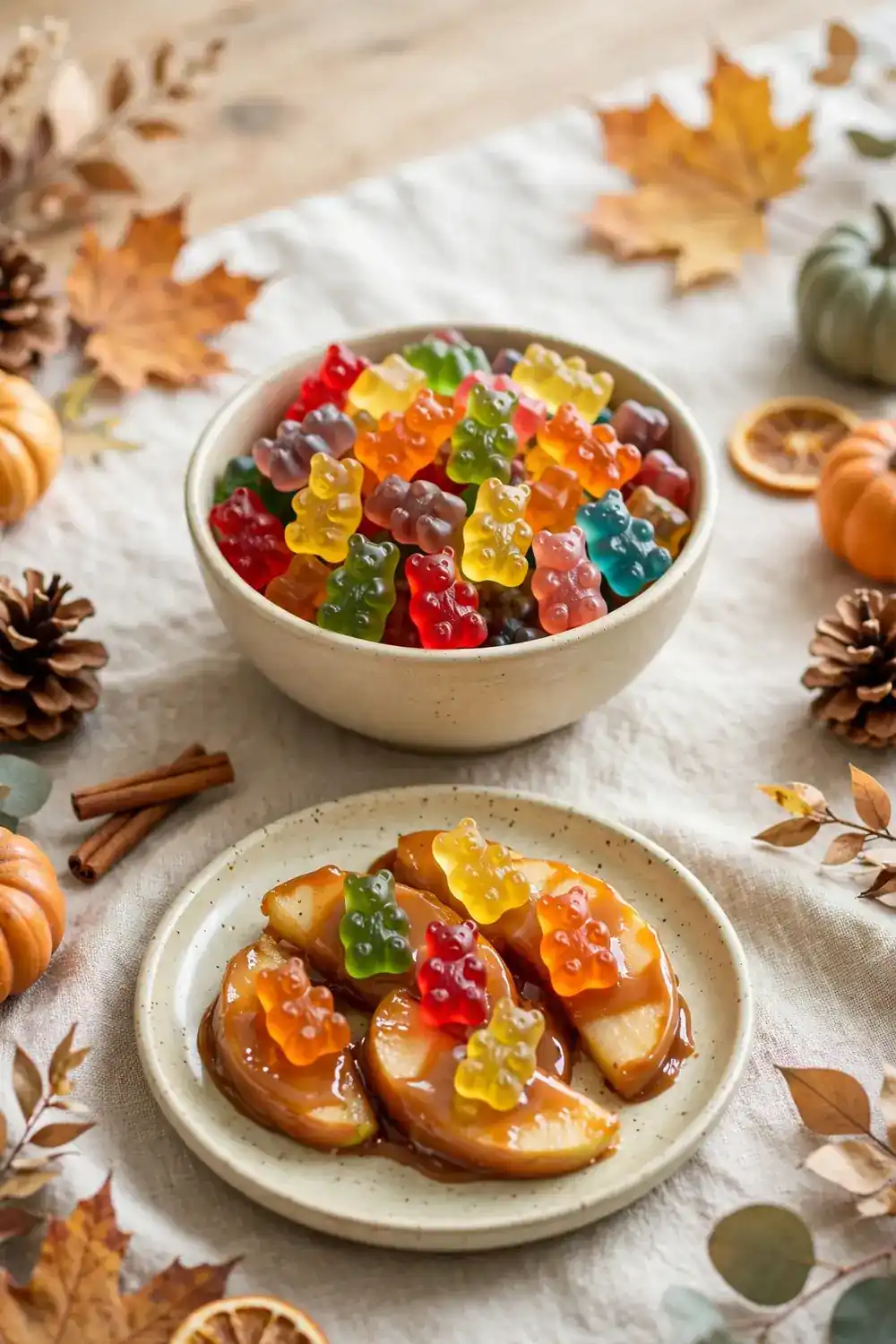Gummy bear sweet toppers with caramel apple slices