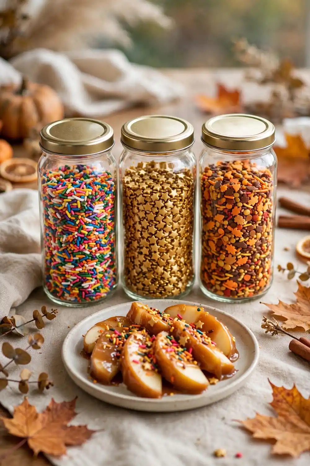 Sprinkle rainbow topping jars with caramel apple slices