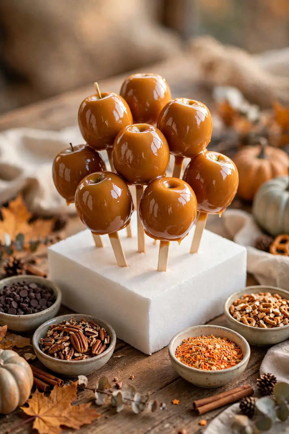 Caramel apple pop station with whole caramel apples on sticks