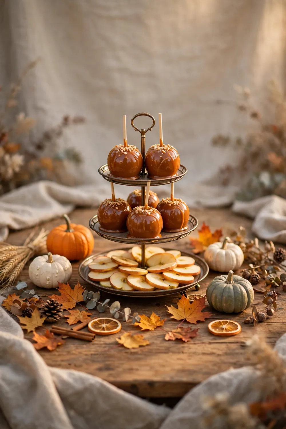 Fall harvest display table with pumpkins leaves and caramel apples