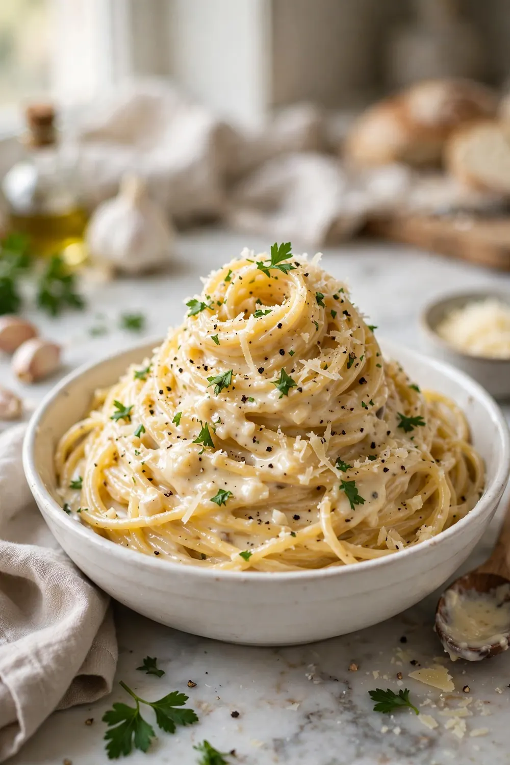 Creamy garlic spaghetti twirled in a bowl with parmesan and parsley