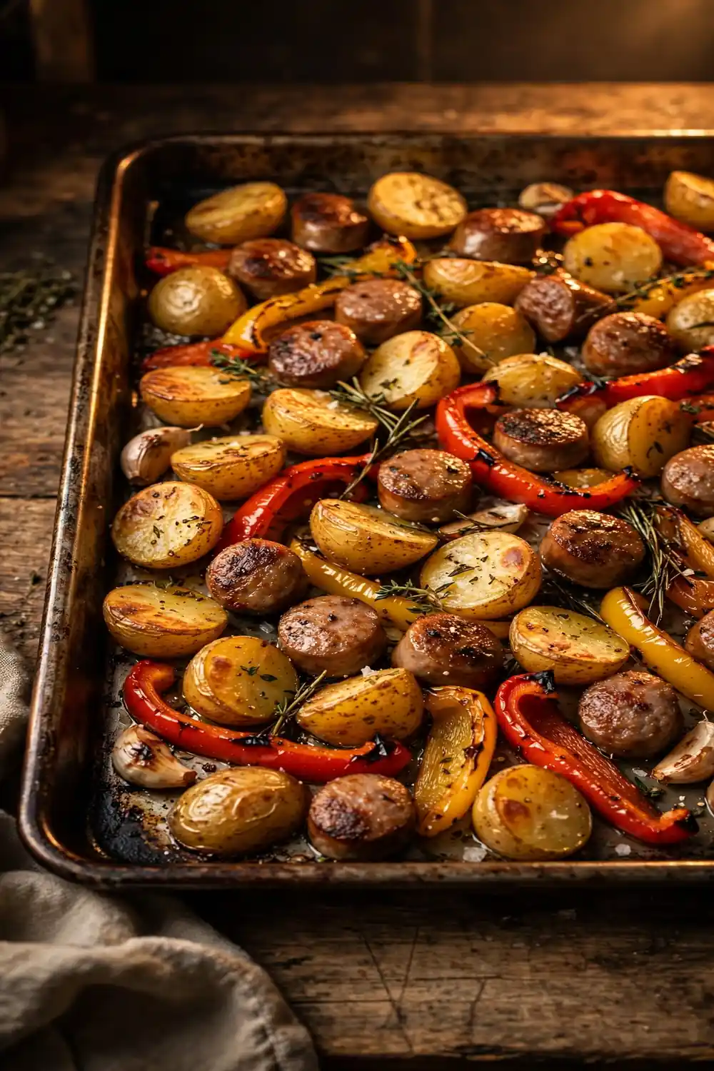 Sheet pan with roasted sausage, potatoes, and colorful peppers