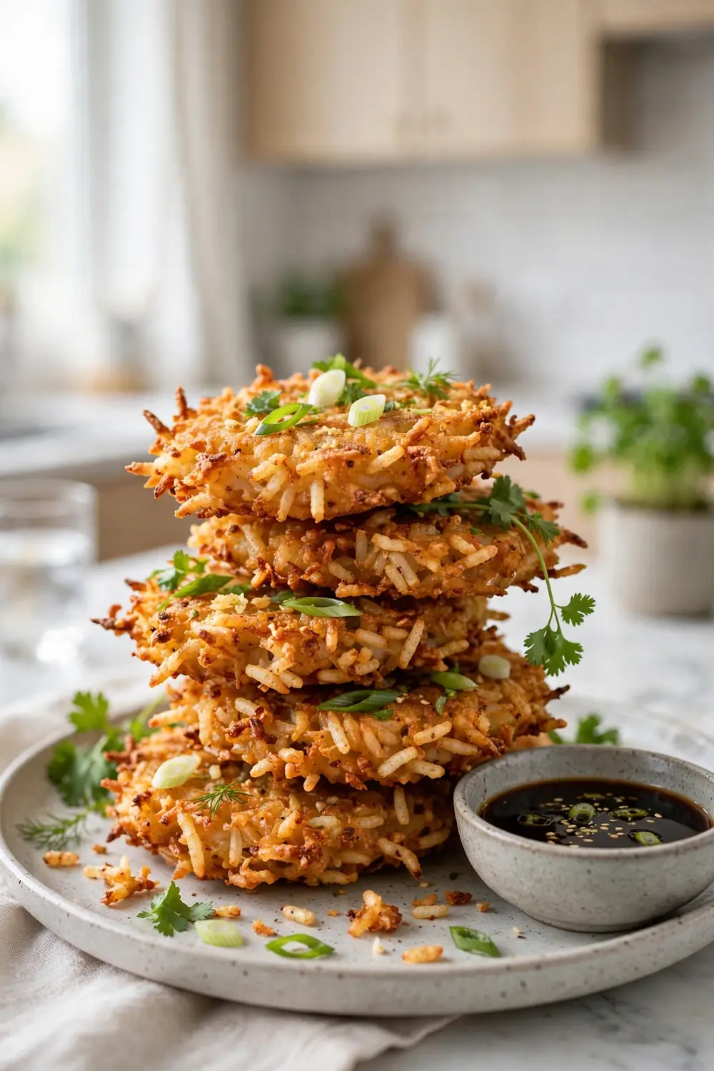 Golden crispy rice fritters stacked with soy dipping sauce