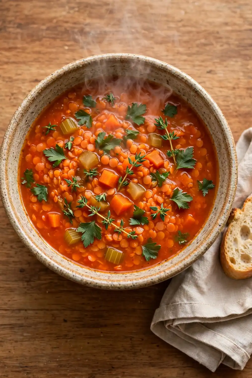 Hearty red lentil soup with carrots and crusty bread
