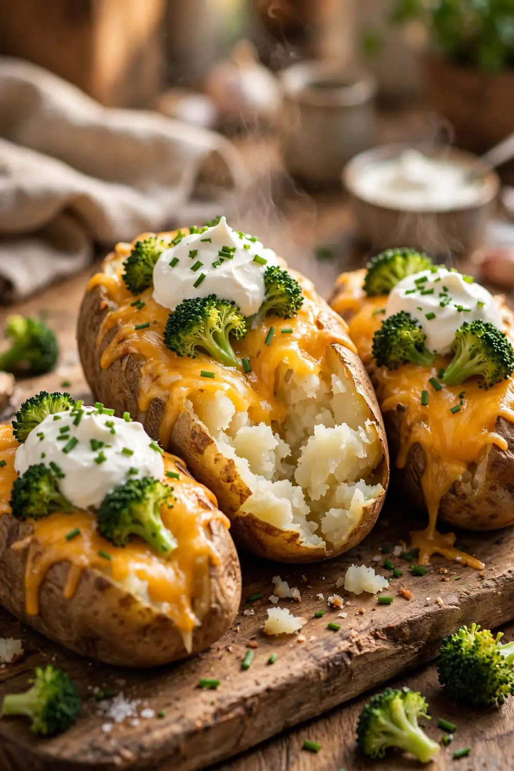 Loaded baked potatoes with cheese, broccoli, and sour cream
