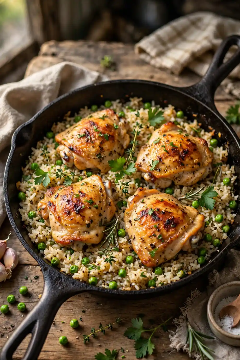 One-pot chicken and rice with peas in a skillet
