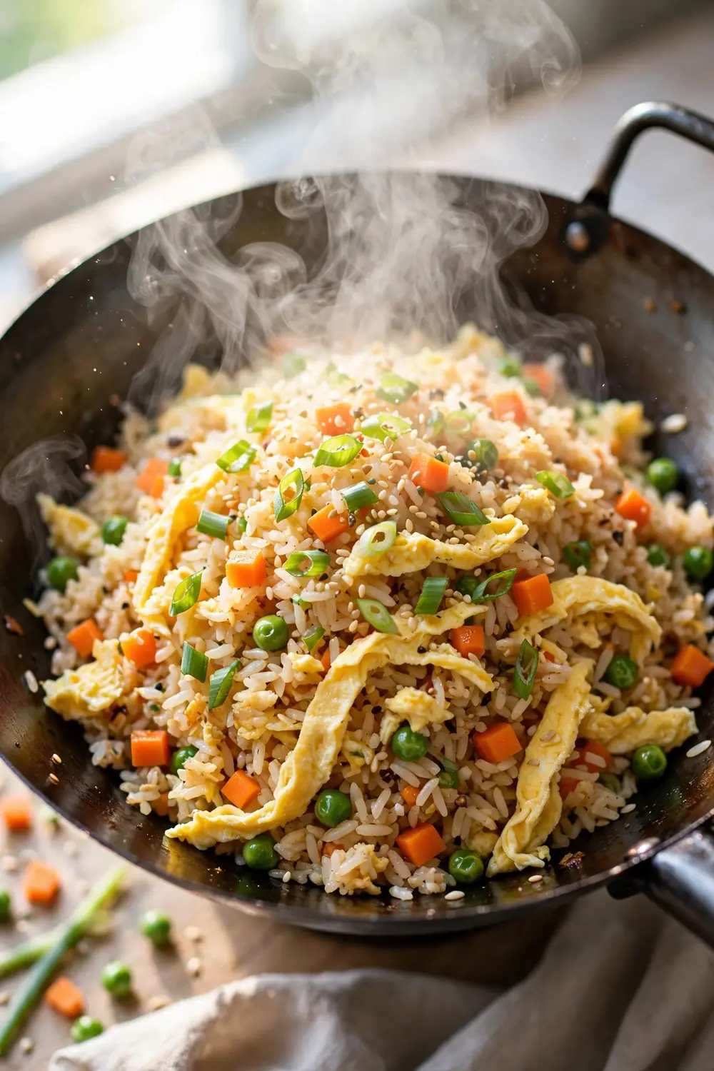 Vegetable fried rice with scrambled egg in a wok