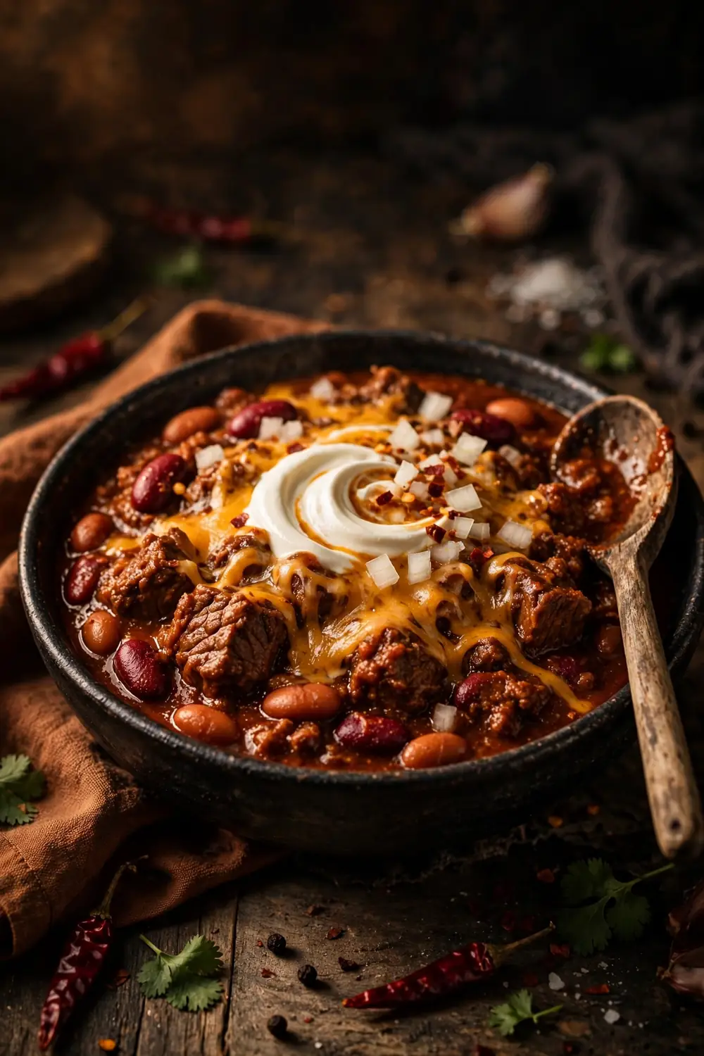 Budget beef chili with beans topped with cheese and onions