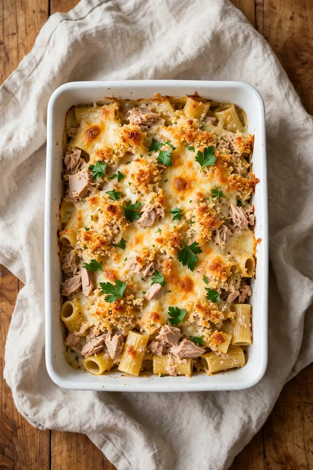 Tuna pasta bake with golden breadcrumb topping