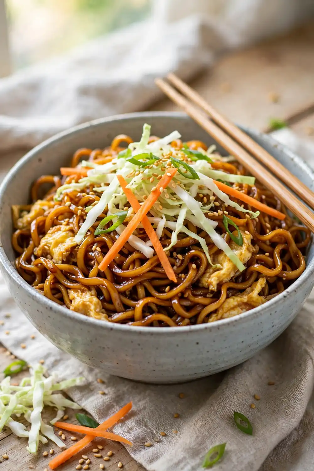 Egg fried noodles with vegetables and sesame seeds