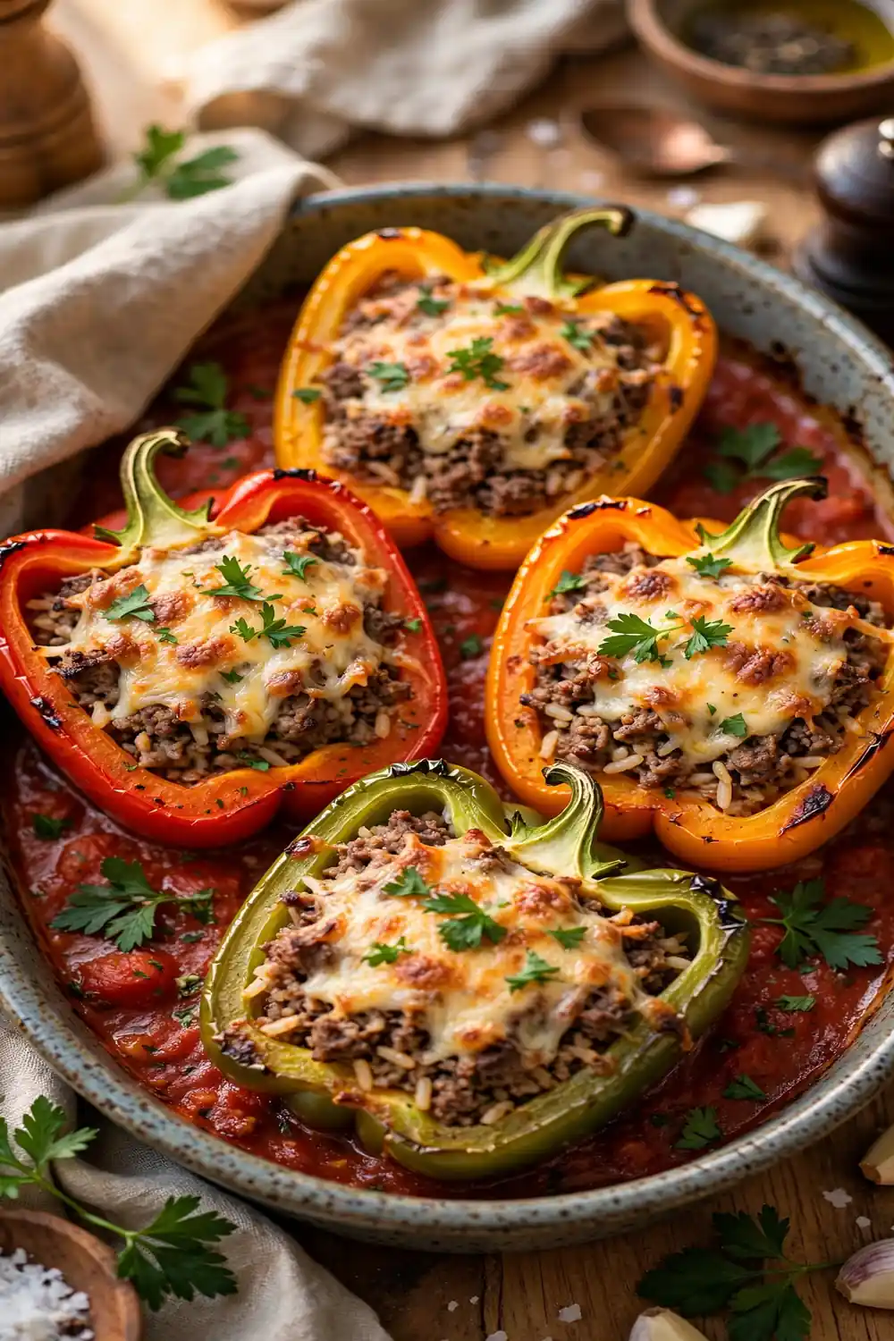 Stuffed bell peppers with rice and beef filling
