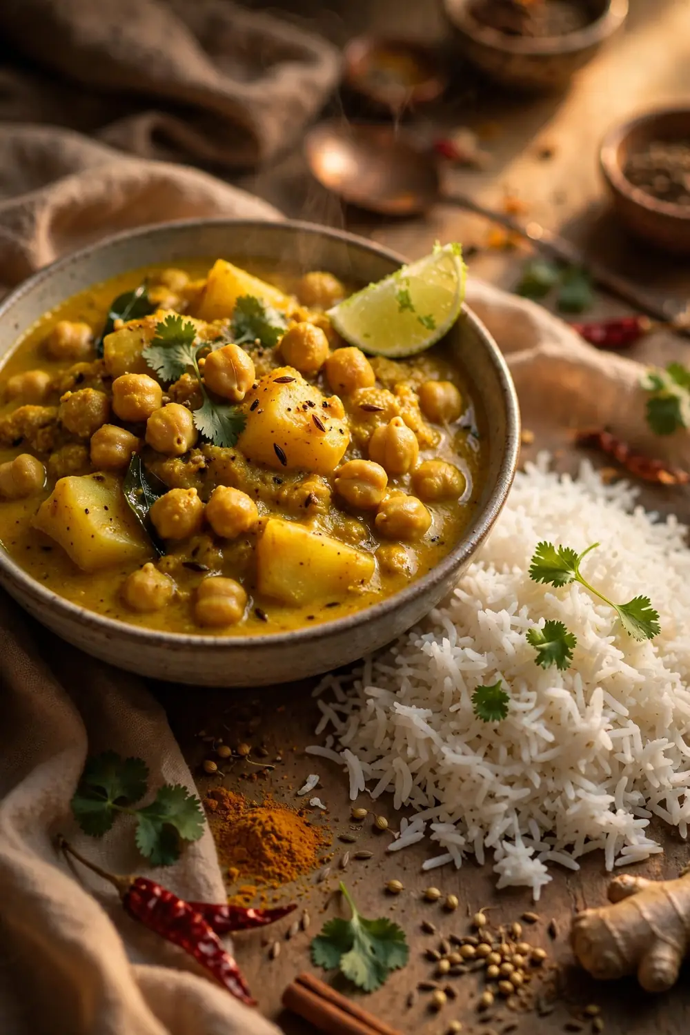 Potato chickpea curry in coconut sauce with cilantro
