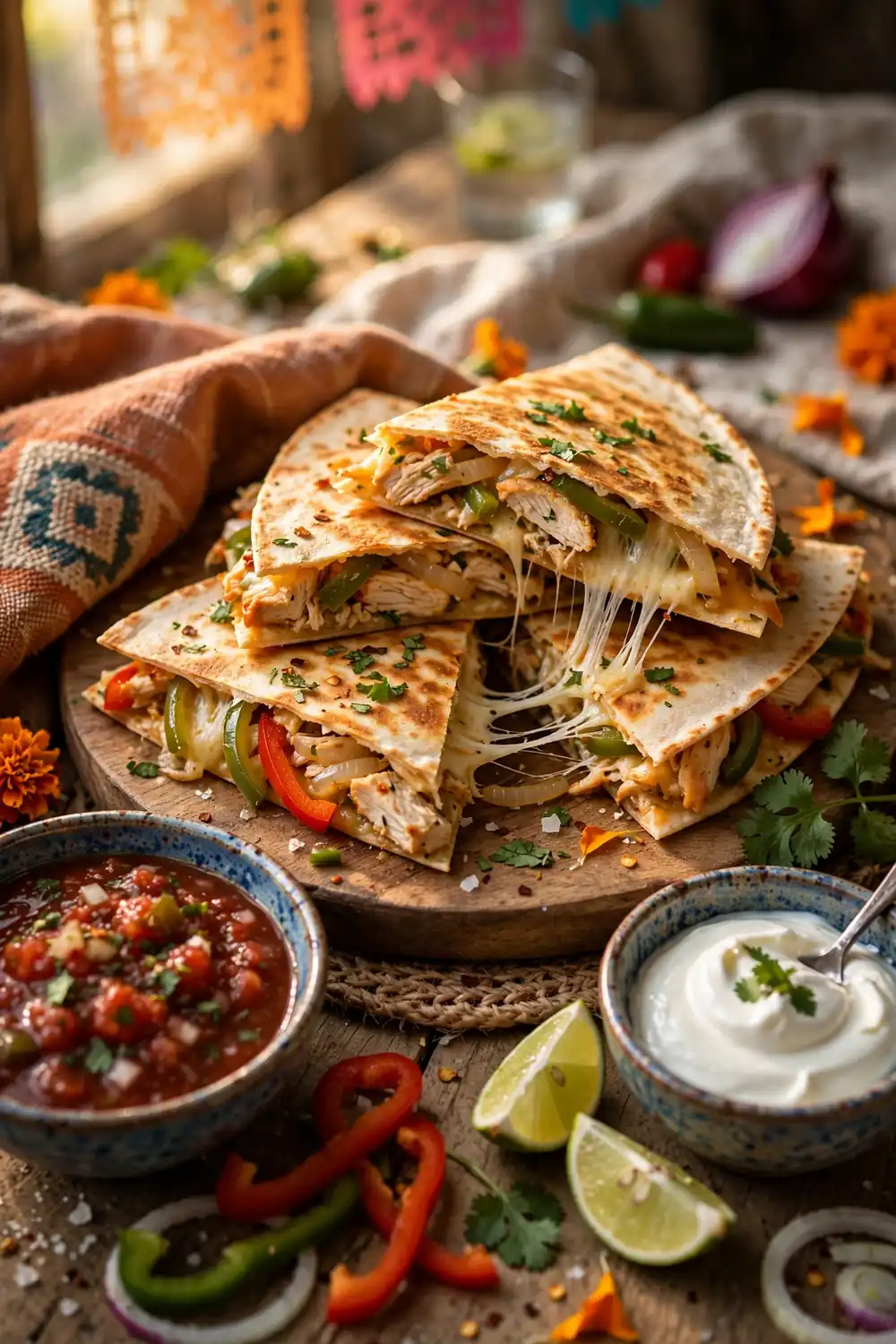 Chicken quesadillas cut into triangles with salsa