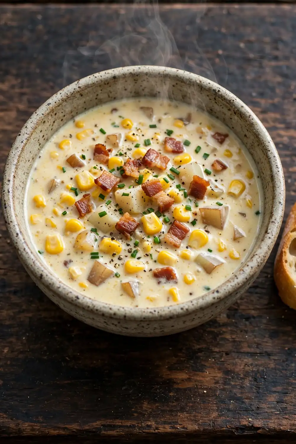 Creamy corn chowder with bacon bits and chives