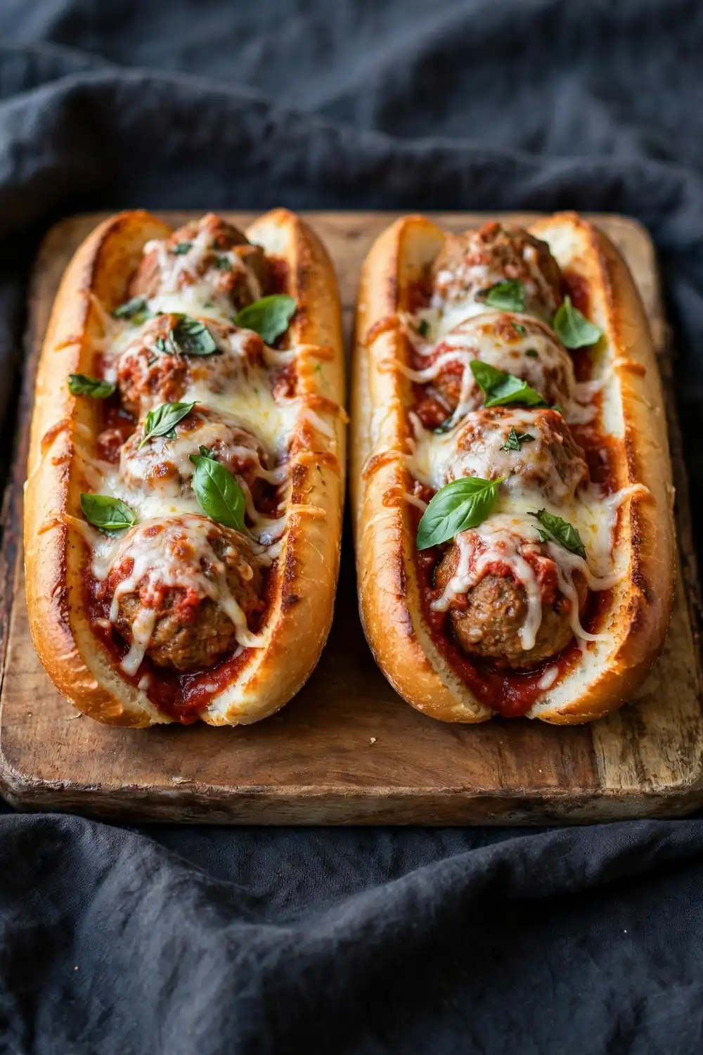 Turkey meatball subs with marinara and melted mozzarella