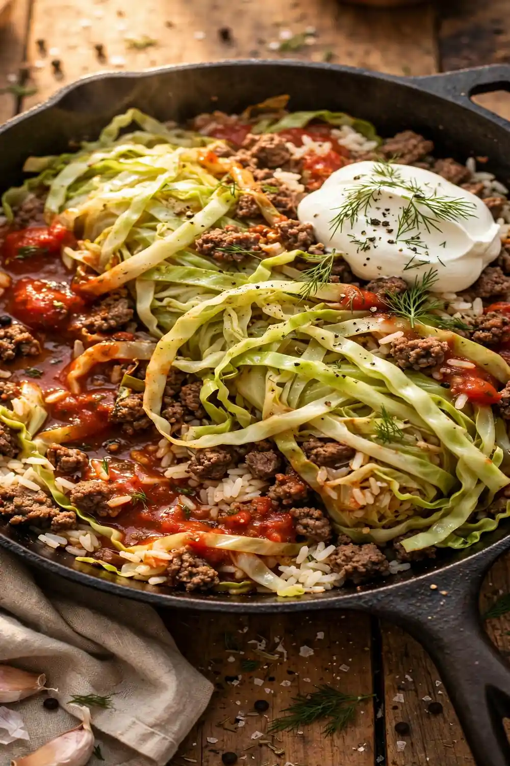 Deconstructed cabbage roll skillet with beef and rice