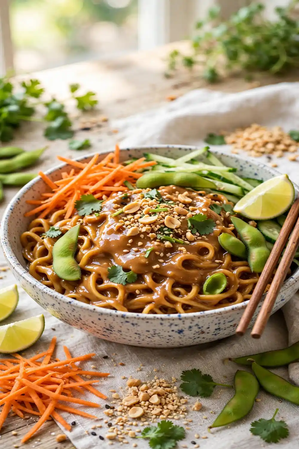 Peanut noodle bowls with shredded carrots and peanuts
