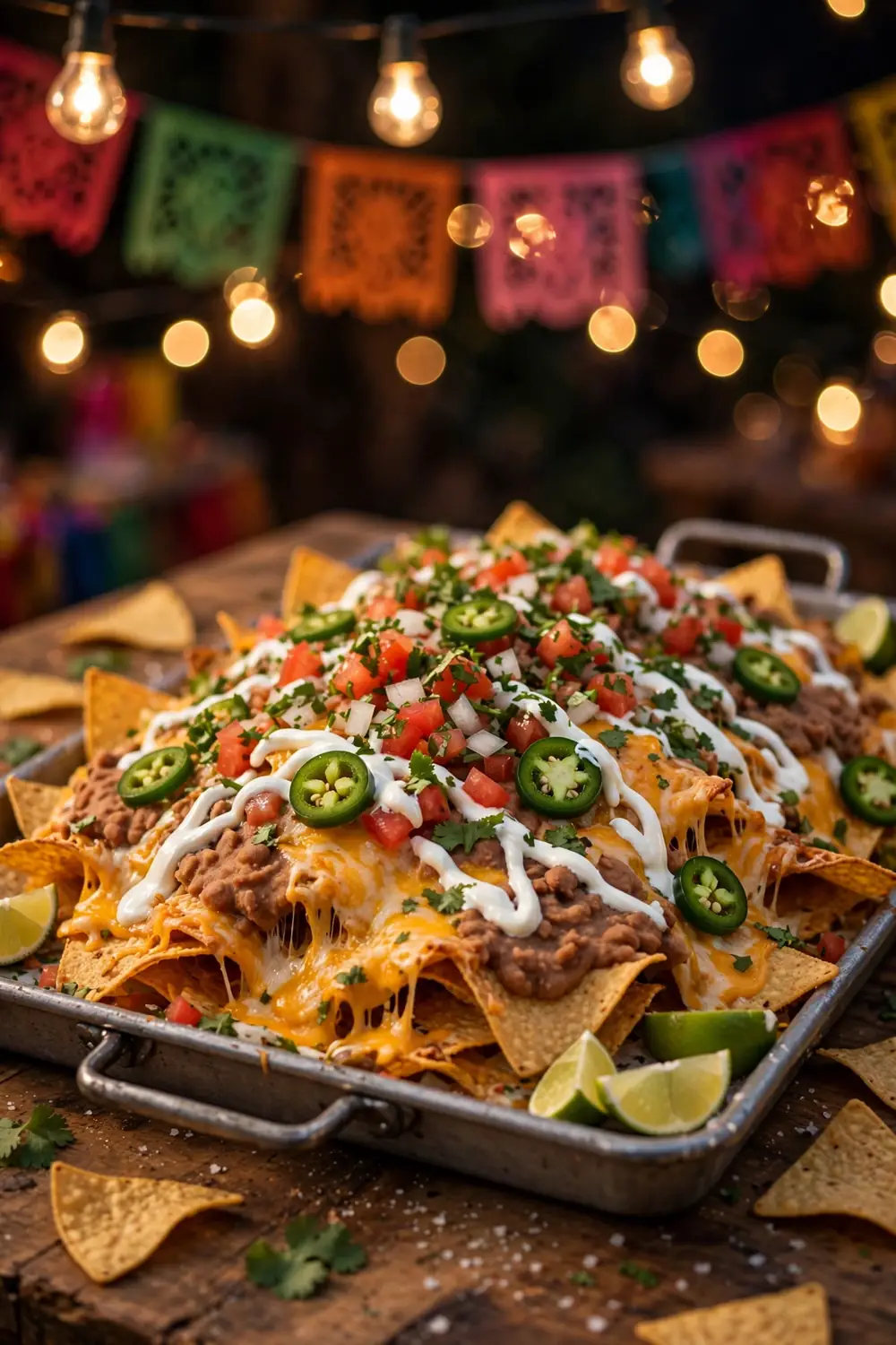 Loaded nacho platter with beans, cheese, and jalapenos