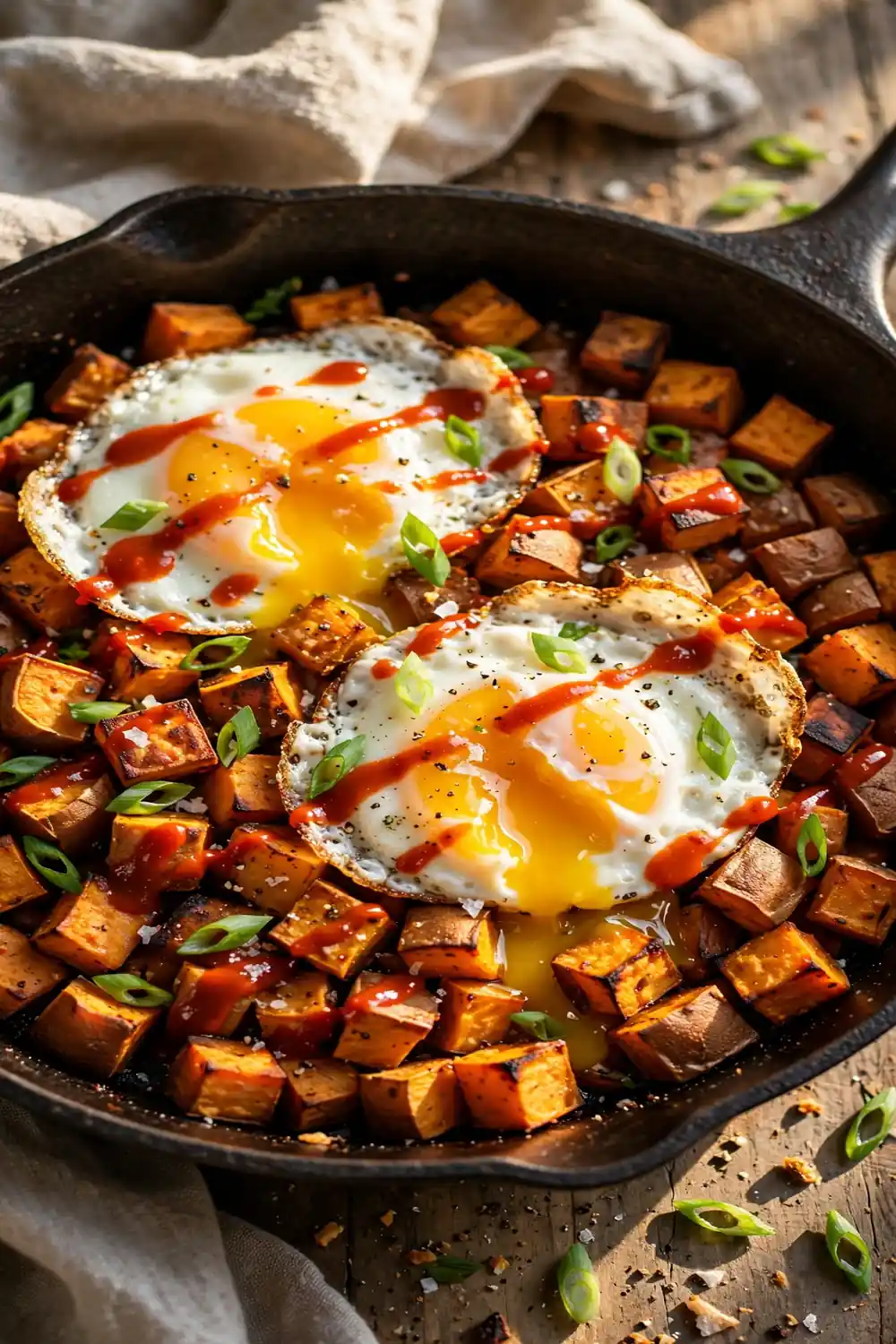 Sweet potato hash with fried eggs in a skillet