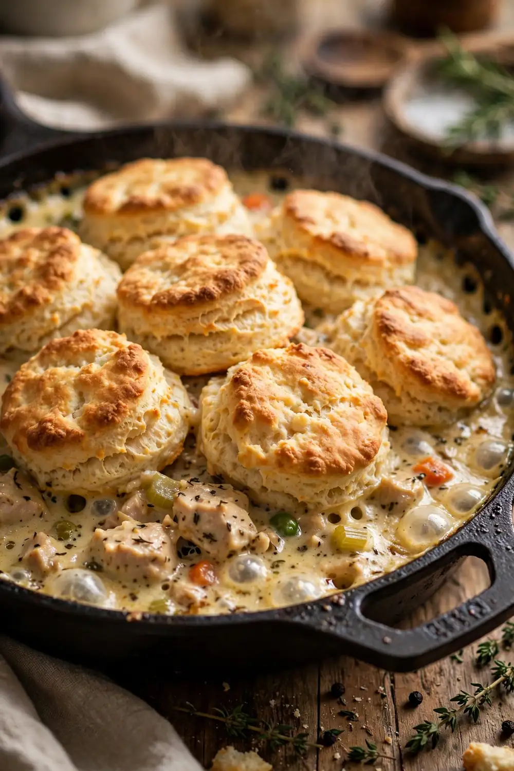 Skillet chicken potpie with golden biscuit topping