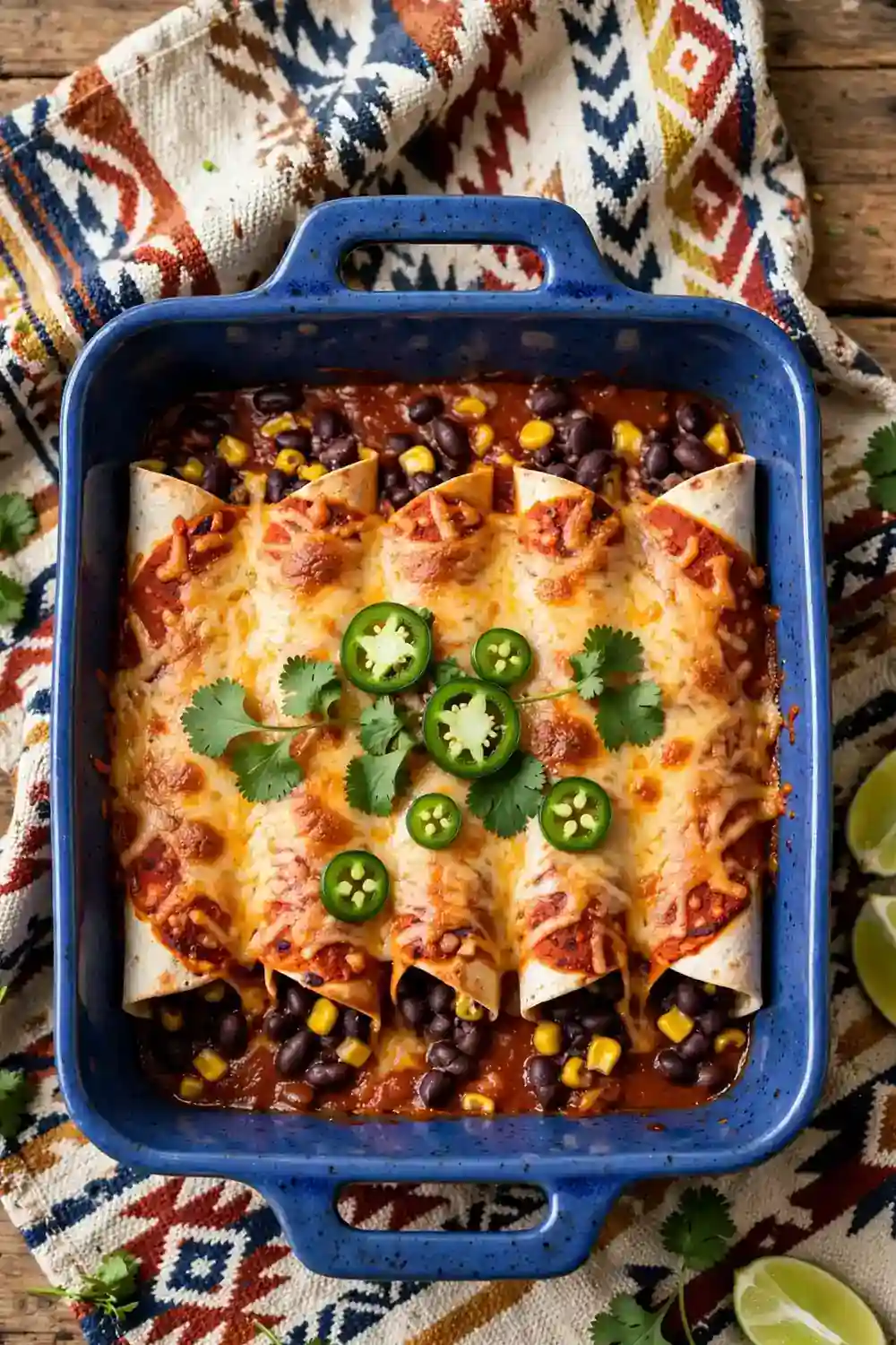 Black bean and corn enchiladas with red sauce