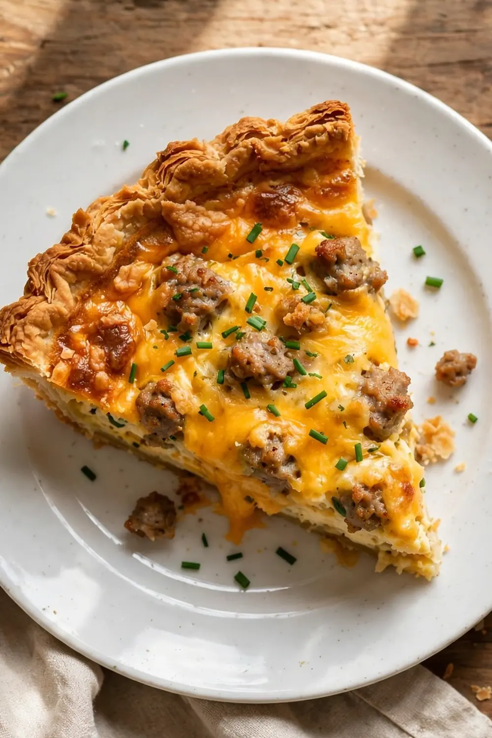 classic sausage cheddar quiche slice