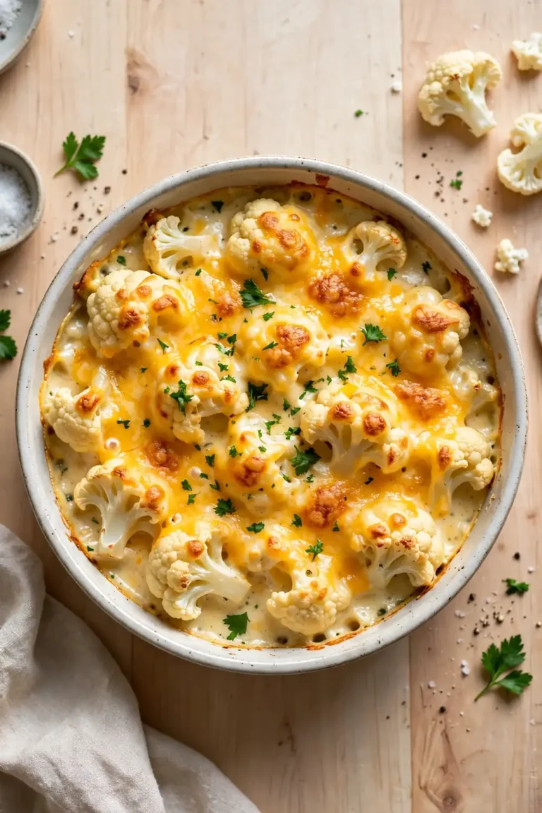 Classic baked cauliflower dish with melted cheddar cheese in a ceramic baking dish