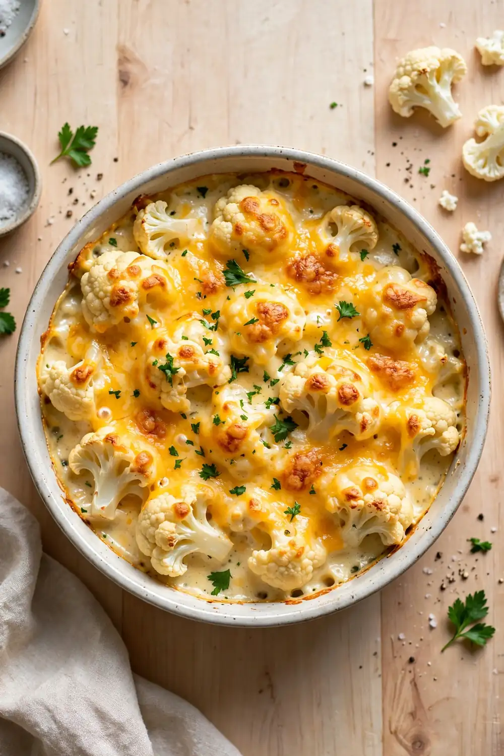 Classic baked cauliflower dish with melted cheddar cheese in a ceramic baking dish