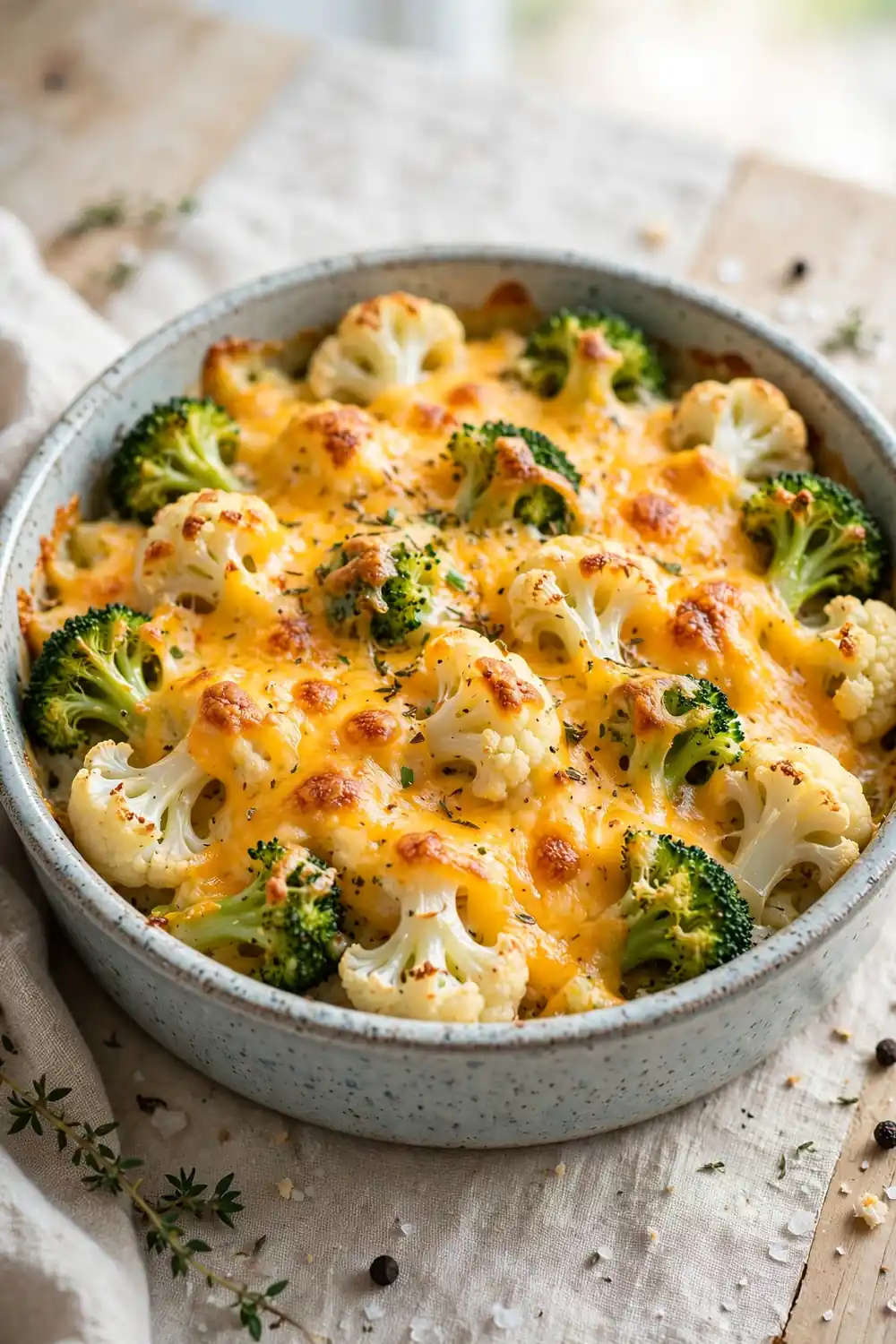 Baked cauliflower and broccoli dish with melted cheddar cheese in a ceramic dish