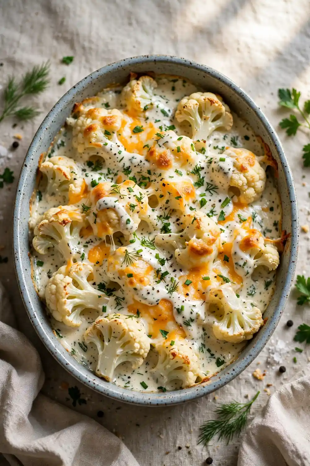 Creamy ranch baked cauliflower dish with melted cheese and herbs in a baking dish