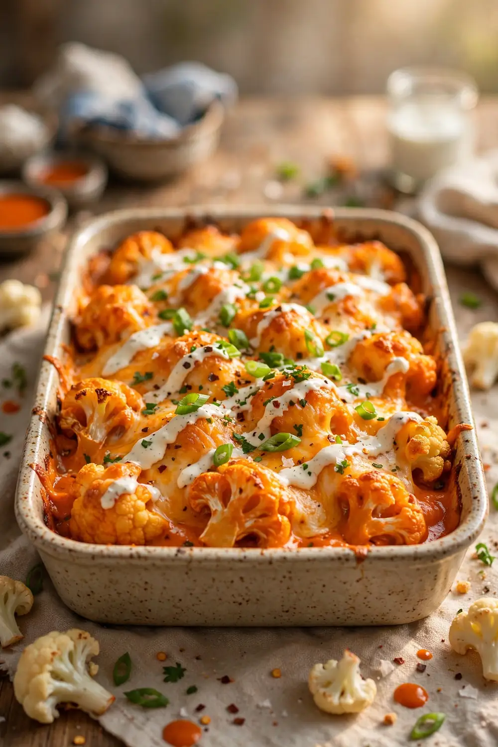 Buffalo baked cauliflower dish with melted cheese and ranch drizzle in a baking dish