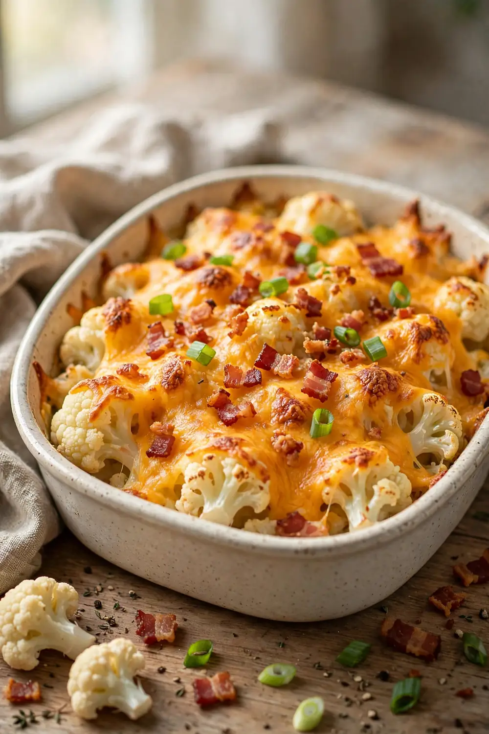 Baked cauliflower dish with melted cheese and crisp bacon crumbles on top