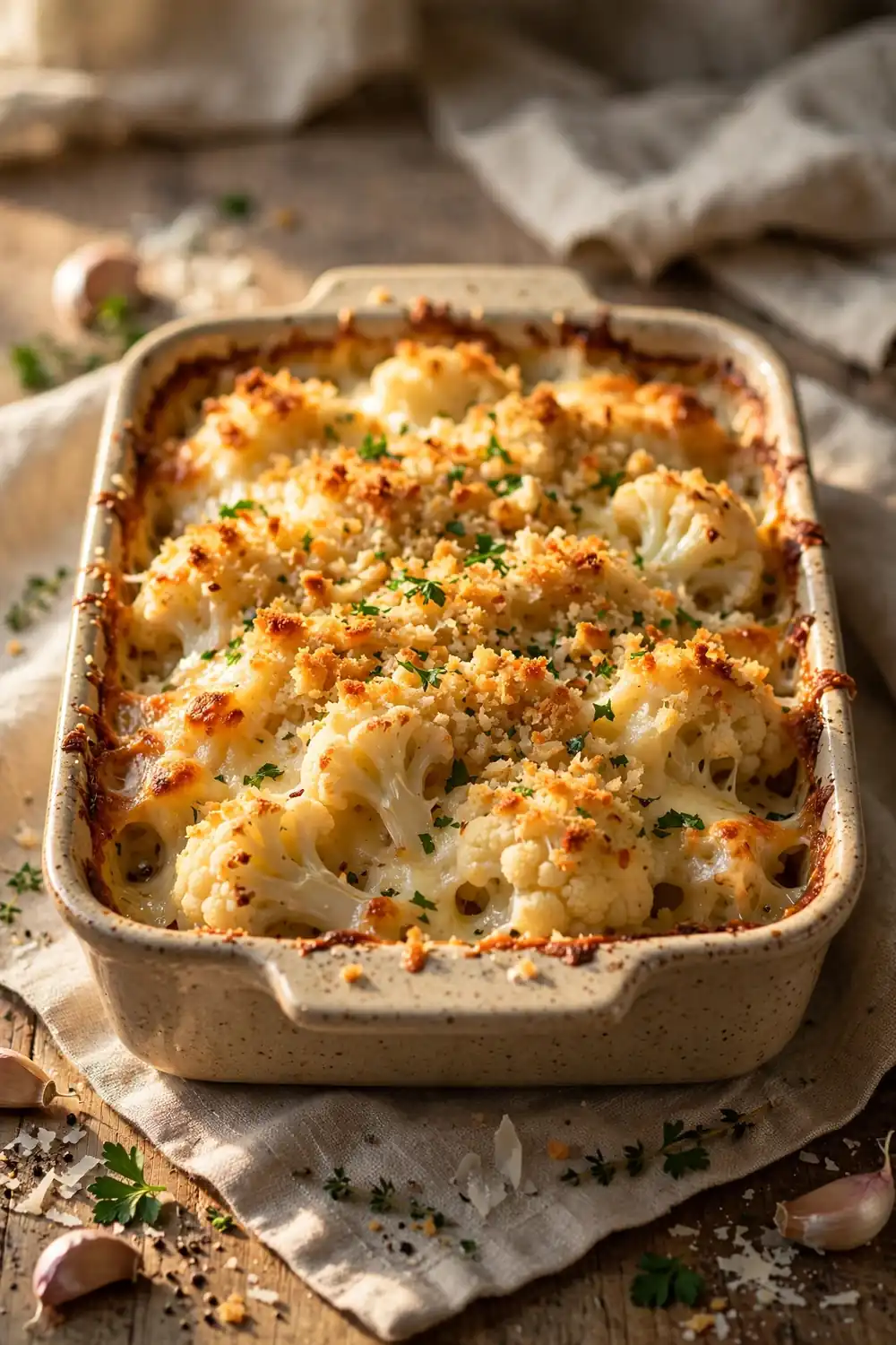 Baked cauliflower dish with garlic parmesan crust and melted cheese