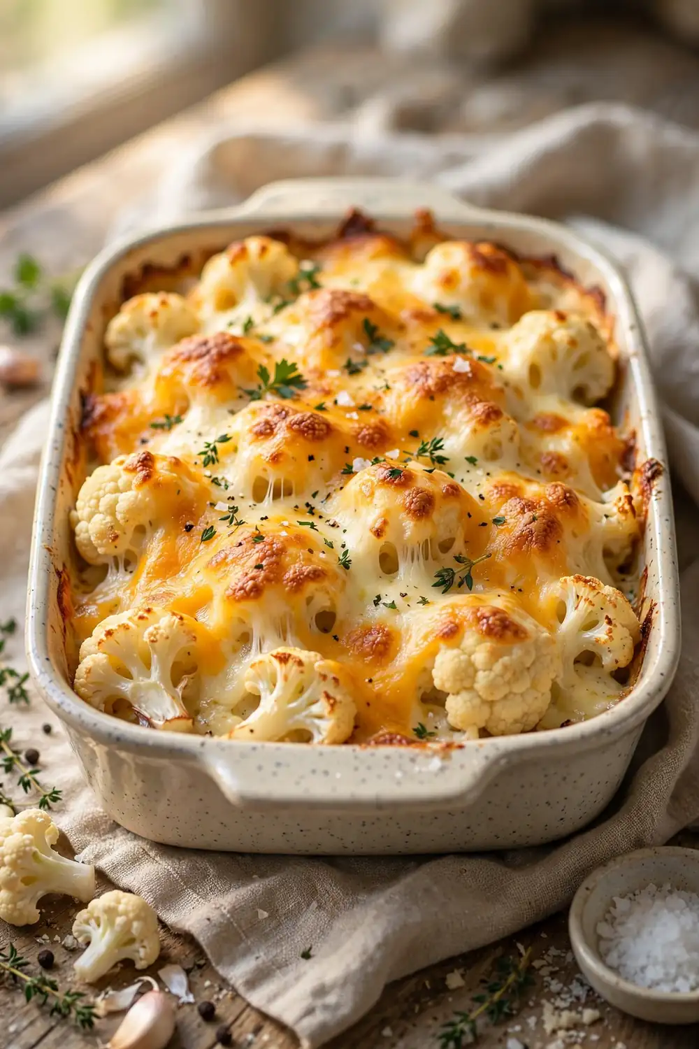 Baked cauliflower dish with three melted cheeses in a ceramic baking dish