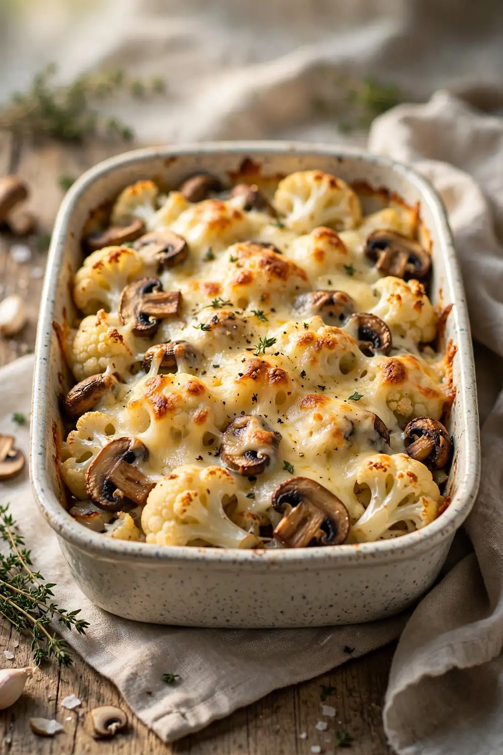 Baked cauliflower dish with mushrooms and melted Swiss cheese