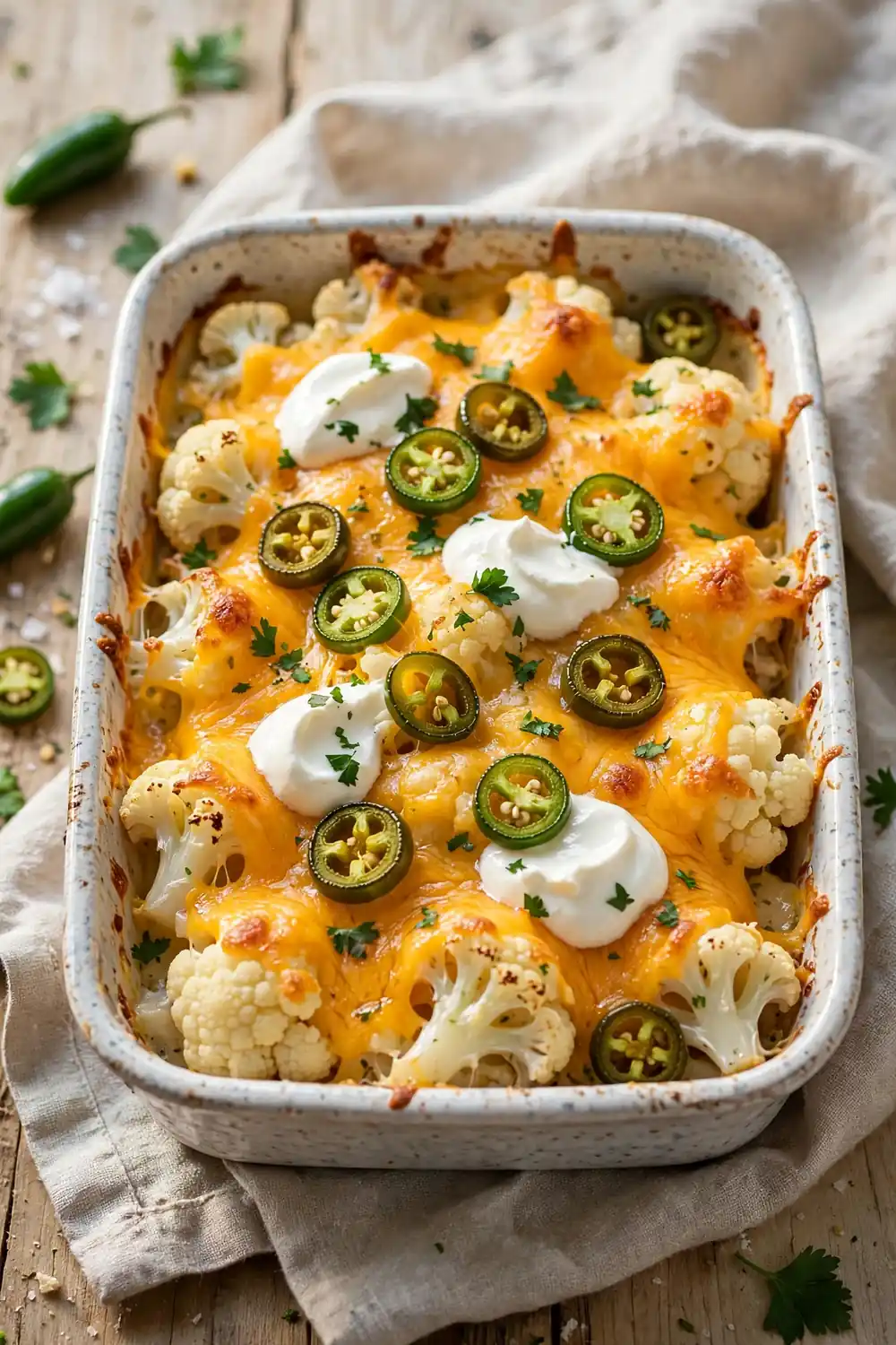 Baked cauliflower dish with jalapeno and melted cheddar cheese