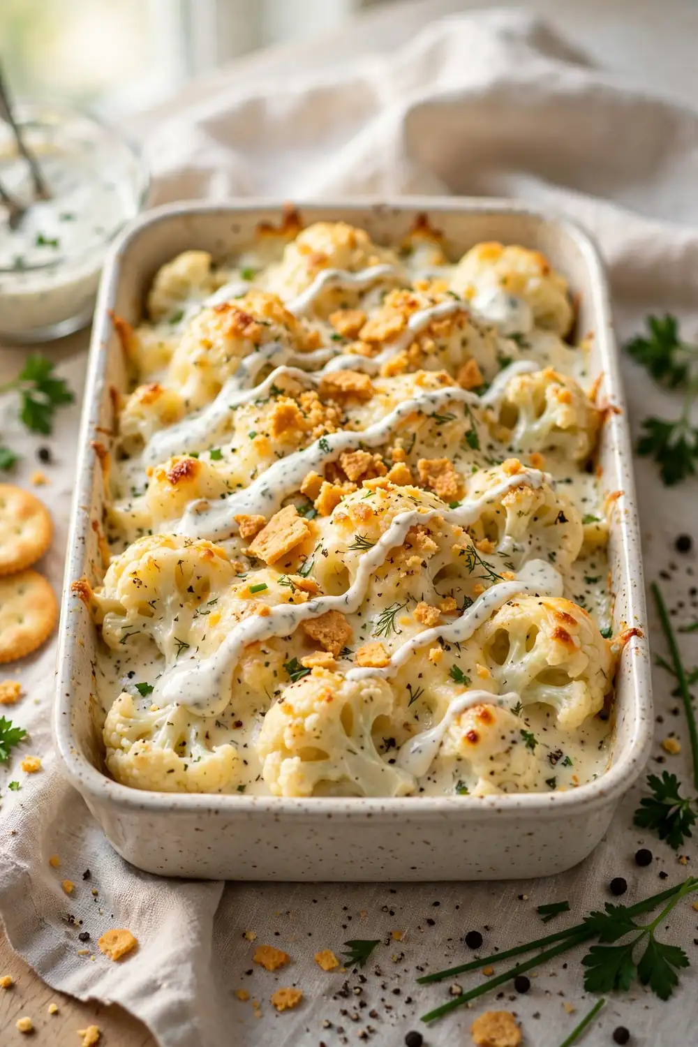 Creamy ranch baked cauliflower dish with melted cheese and cracker topping
