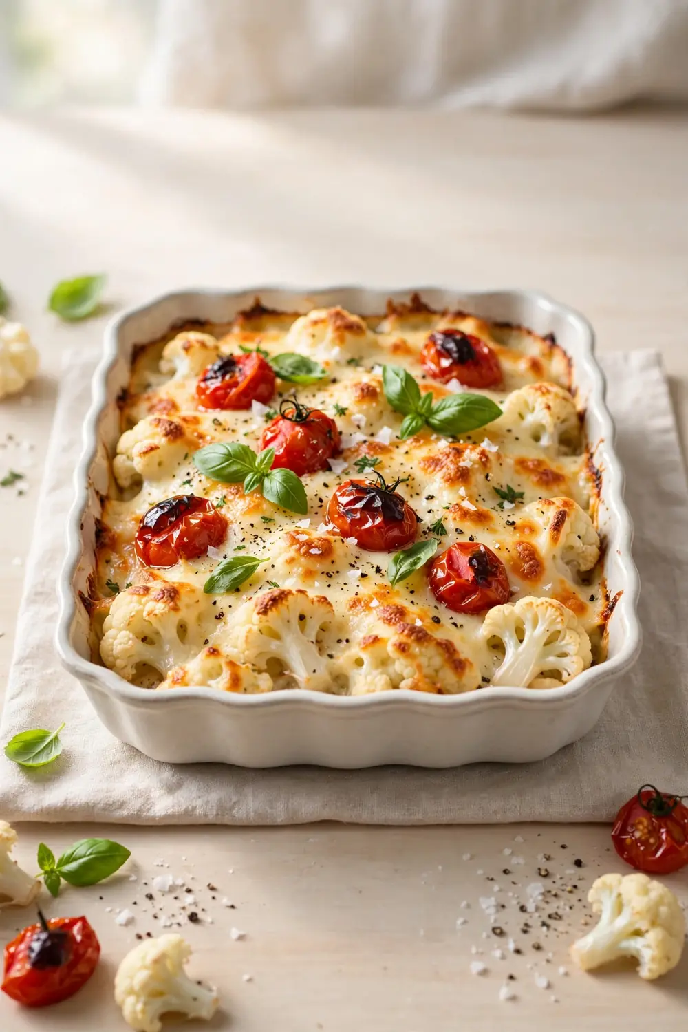 Baked cauliflower dish with roasted tomatoes basil and melted cheese