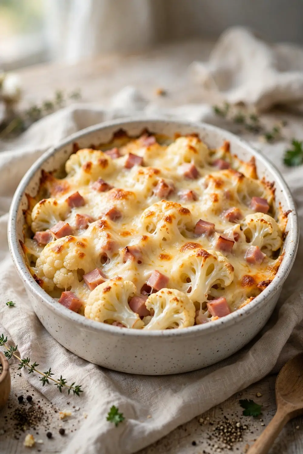 Baked cauliflower dish with diced ham and melted Swiss cheese
