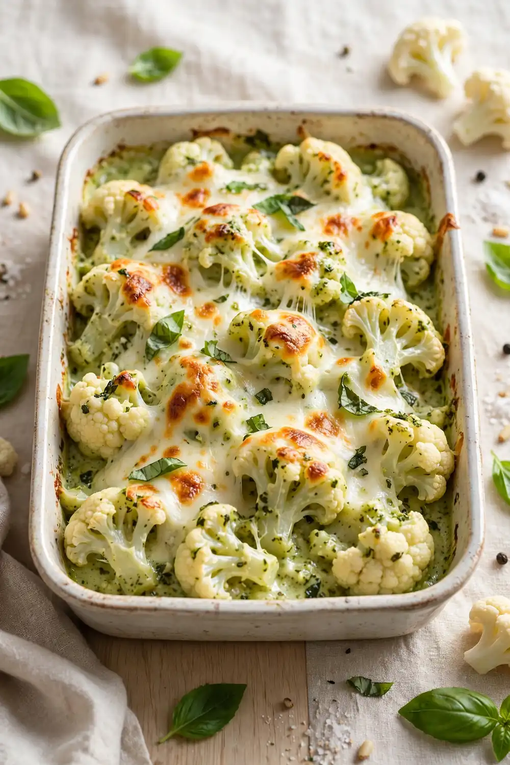 Baked cauliflower dish with pesto and melted mozzarella cheese