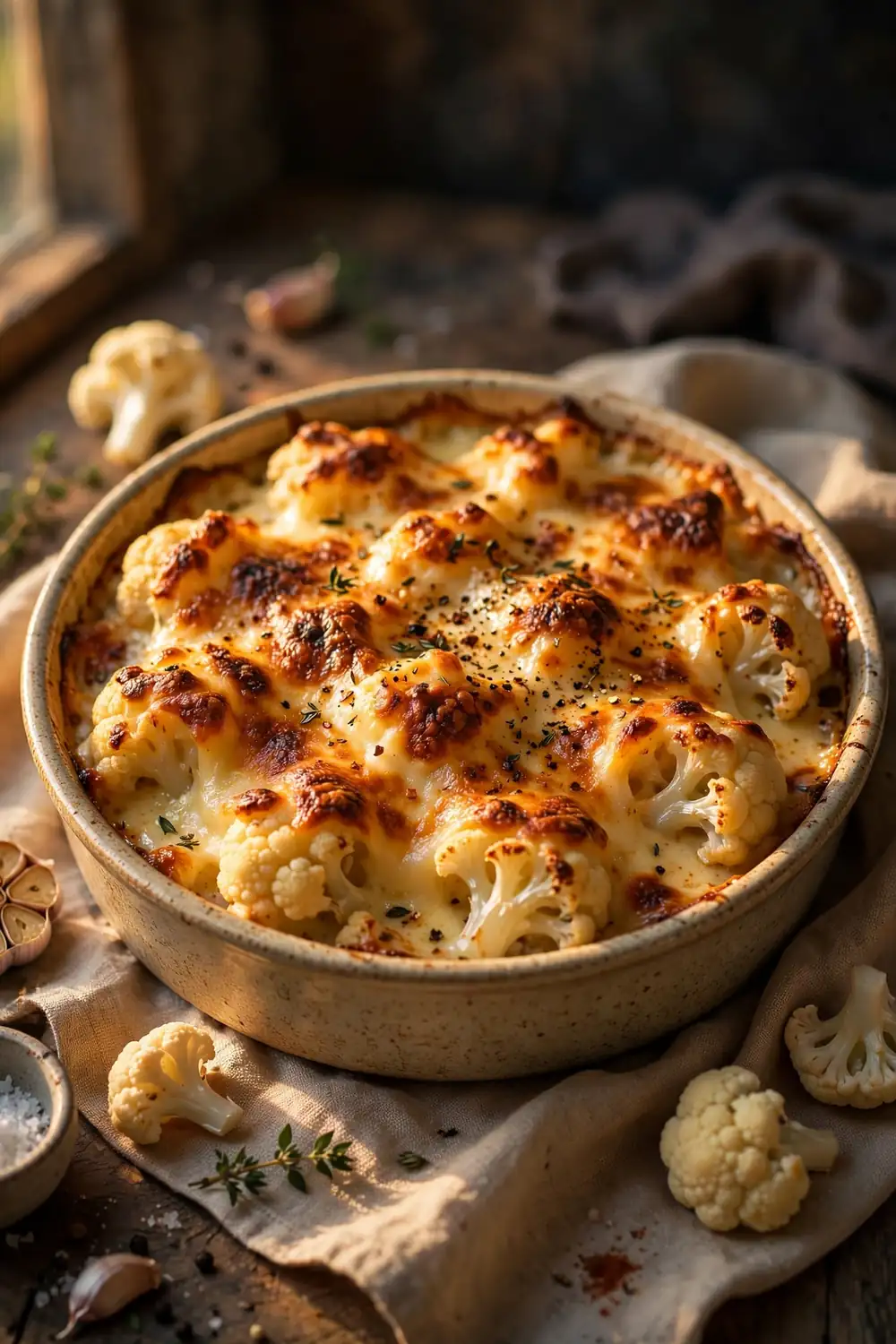 Baked cauliflower dish with smoked Gouda cheese and golden top