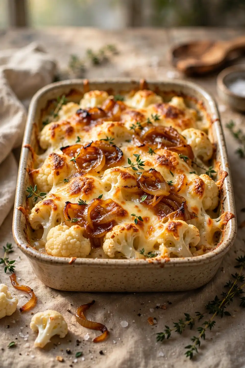 Baked cauliflower dish with caramelized onions and melted cheese
