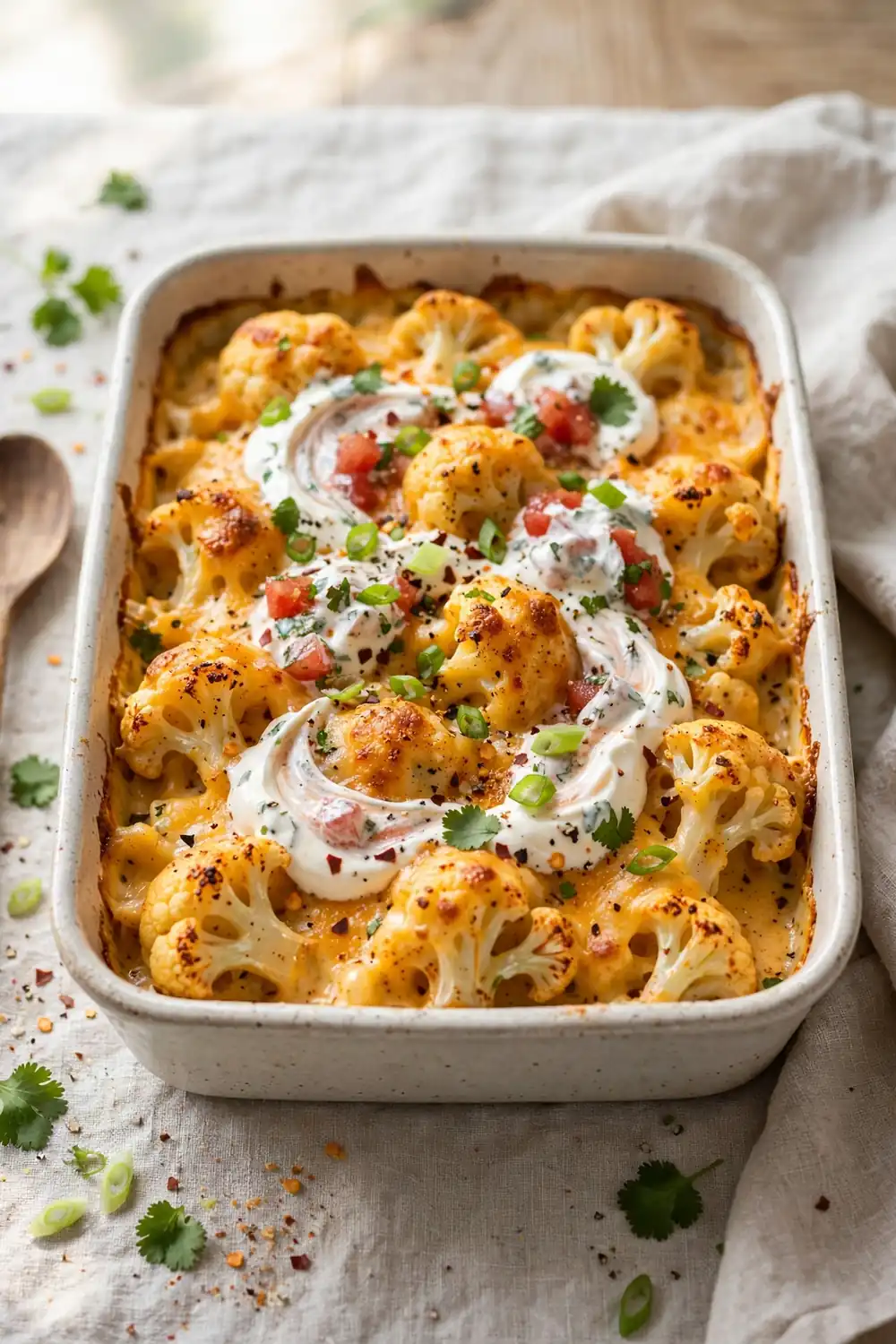 Baked cauliflower dish with taco seasoning and melted cheese