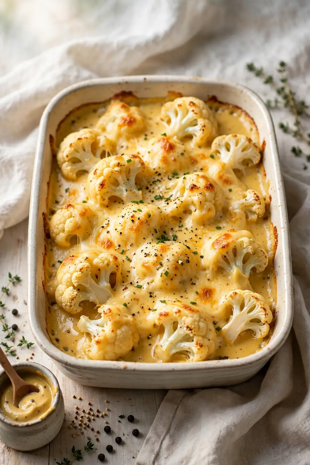 Baked cauliflower dish with Dijon mustard and melted cheese