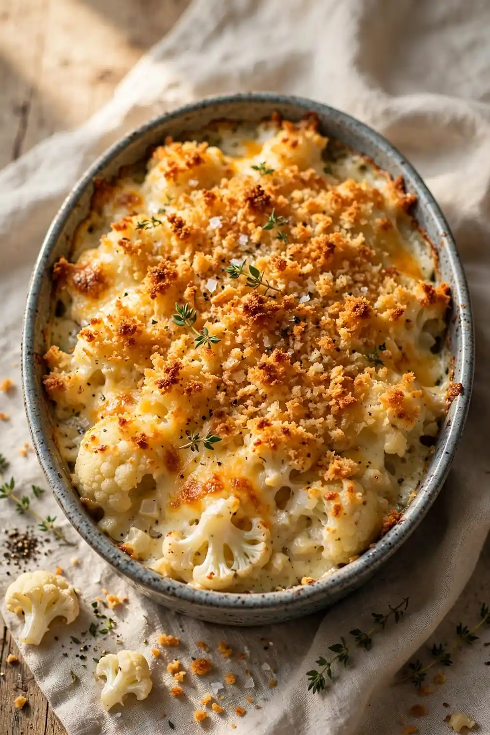 Baked cauliflower dish with crispy breadcrumb topping and melted cheese