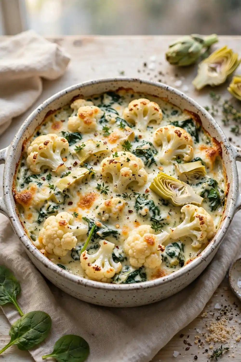 Baked cauliflower dish with spinach artichokes and melted cheese
