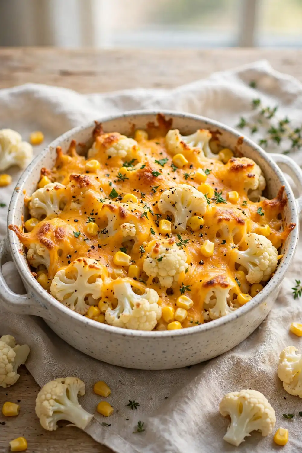 Baked cauliflower dish with sweet corn and melted cheddar cheese