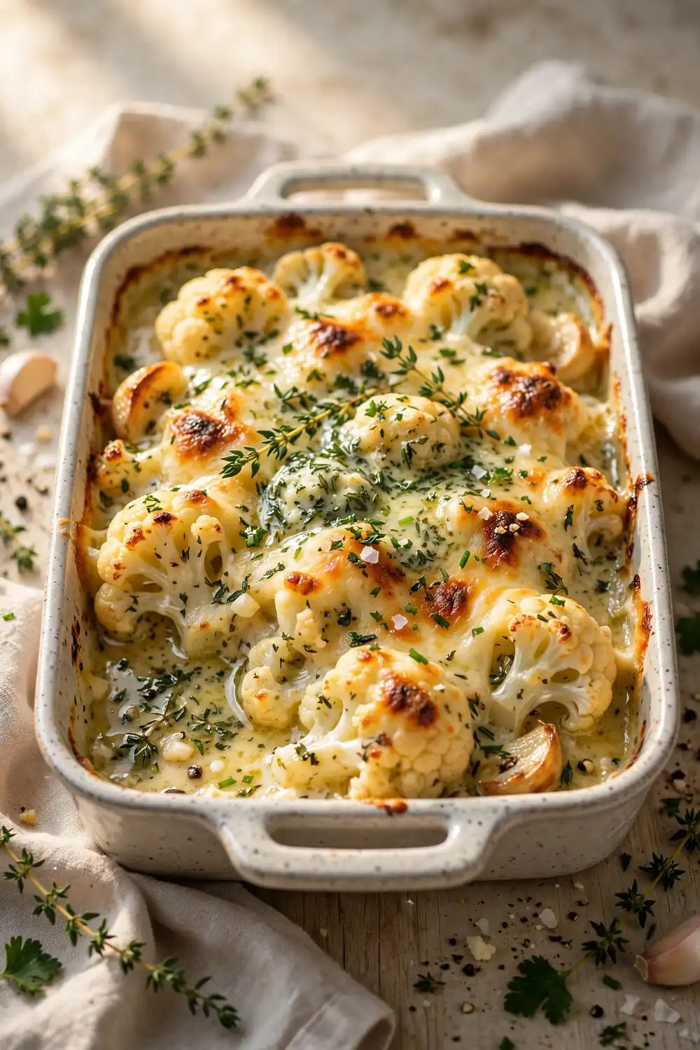 Baked cauliflower dish with herb butter and melted cheese
